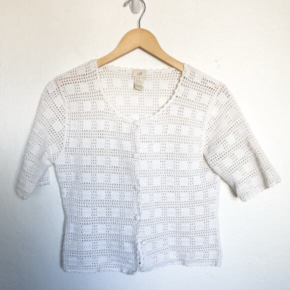 Crochet Knit Short Sleeve Cardigan J.Jill Cottage Button Medium Ivory Boho - Picture 1 of 6